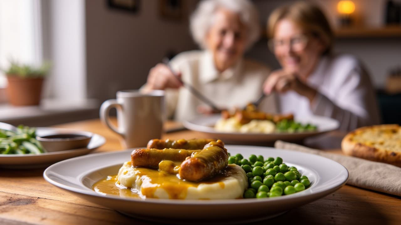 A senior couple enjoying a freshly prepared Bangers and Mash meal in a warm, homely setting. The dish features golden sausages with onion gravy, mashed potatoes, and green peas, reflecting a nutritious and convenient meal option.
