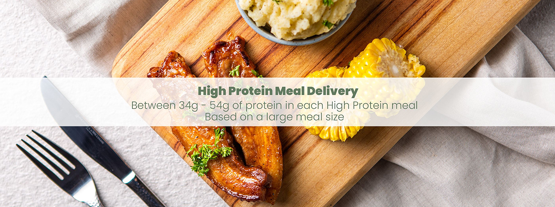 A Nourish’d meal delivery box with fresh, high-protein meals displayed around it. The image showcases a variety of nutritious, protein-packed dishes, including a packaged Lamb Sinka meal, emphasising the convenience and quality of Nourish’d’s meal delivery service.