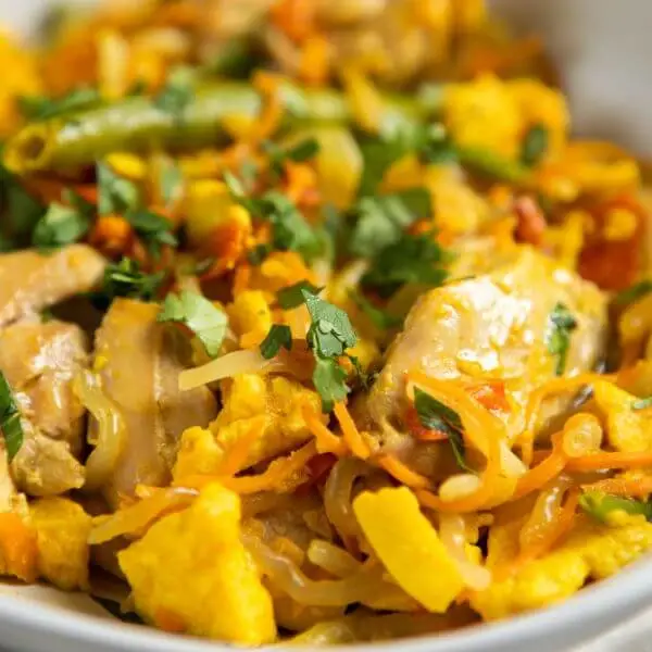  very close-up view of the Chicken Singapore Noodles, showcasing glistening rice noodles, tender chicken, and colorful veggies, topped with a sprinkle of chopped spring onion.